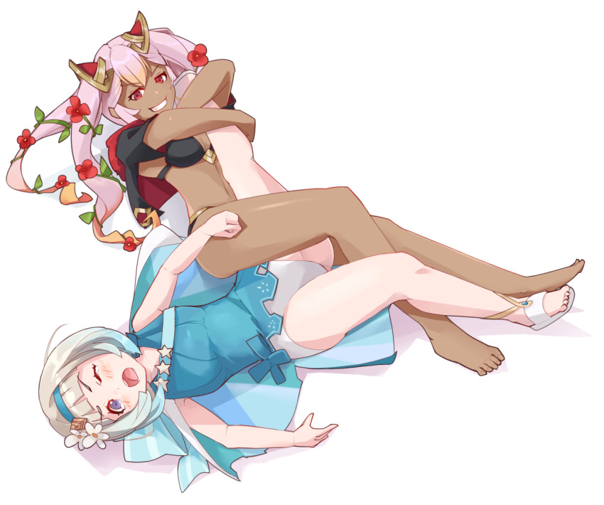 2girls :o barefoot bikini black_bikini black_capelet blue_cape blue_hair blue_hairband blue_one-piece_swimsuit cape capelet commentary dark-skinned_female dark_skin fire_emblem fire_emblem_heroes flower gradient_hair grin hair_flower hair_ornament hairband jaegan kneebar laevatein_(fire_emblem) laevatein_(summer)_(fire_emblem) leg_lock long_hair multicolored_hair multiple_girls one-piece_swimsuit one_eye_closed open_mouth pink_hair purple_eyes red_eyes red_flower sandals short_hair simple_background smile swimsuit twintails white_background white_flower white_hair wince wrestling ylgr_(fire_emblem) ylgr_(summer)_(fire_emblem)