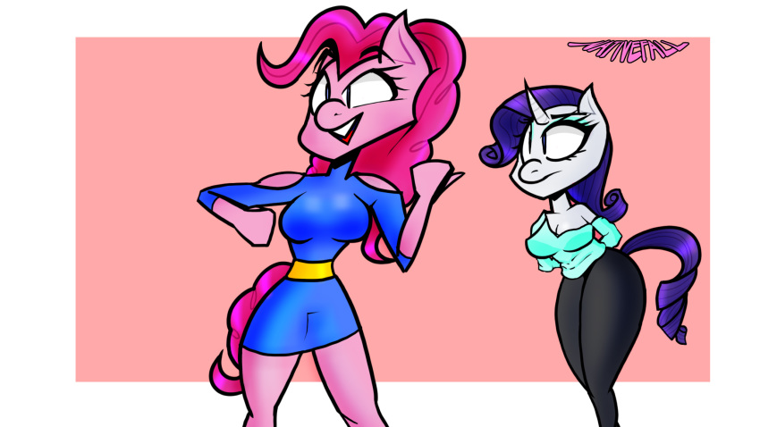 16:9 2019 anthro anthrofied ass blush breasts clothed clothing duo earth_pony equid equine eyelashes female friendship_is_magic hasbro hi_res horn horse mammal mature_anthro mature_female my_little_pony mythological_creature mythological_equine mythology nativefall pinkie_pie_(mlp) pony rarity_(mlp) simple_background thick_thighs unicorn widescreen