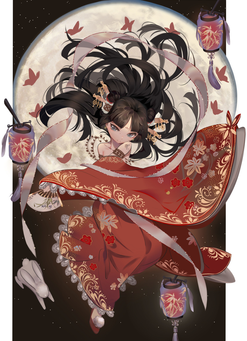 absurdres bad_id bad_pixiv_id bangle bare_shoulders bird black_hair blue_eyes blunt_bangs bracelet chang'e chinese_clothes collarbone commentary_request detached_sleeves dress female floating floating_hair folding_fan hand_fan headdress highres holding holding_fan jewelry lantern lolicon long_hair long_sleeves looking_at_viewer moon original paper_fan paper_lantern rabbit red_dress sleeves_past_fingers sleeves_past_wrists smile solo tattoo wide_sleeves woc_(2072878058)