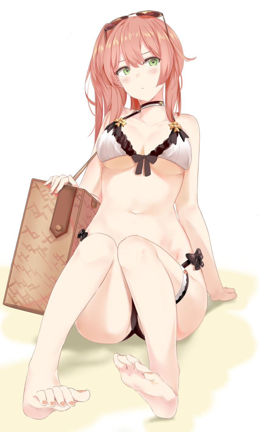 arm_support ass bag bare_arms bare_legs bare_shoulders barefoot bikini black_bikini breasts chinese_commentary choker cleavage collarbone commentary_request eyewear_on_head feet female front-tie_bikini_top front-tie_top girls'_frontline green_eyes halterneck highres legs long_hair looking_at_viewer medium_breasts mismatched_bikini nail_polish navel official_alternate_costume pink_hair r93_(girls'_frontline) r93_(holiday_lucky_star)_(girls'_frontline) ru_zhai side-tie_bikini_bottom side_ponytail sitting solo sunglasses swimsuit thigh_strap thighs toe_scrunch toenail_polish toenails toes white_bikini