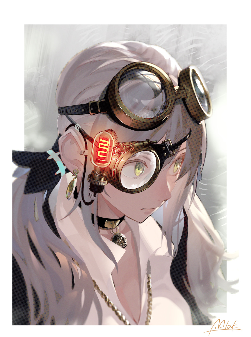 absurdres bad_id bad_pixiv_id border choker close-up closed_mouth commentary_request earrings female gears goggles goggles_on_head highres jewelry light_bulb long_hair mimitoke monocle necklace original pendant reflection science_fiction signature simple_background solo steampunk white_border white_hair wire yellow_eyes