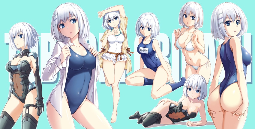 arm_up bikini blue_eyes blue_one-piece_swimsuit breasts casual_one-piece_swimsuit chinese_commentary cleavage commentary_request contrapposto covered_navel cowboy_shot date_a_live female fish.boy hair_ornament hairclip halterneck highres leotard lying mecha_musume multiple_views navel on_side one-piece_swimsuit school_swimsuit see-through short_hair side-tie_bikini_bottom sitting swimsuit thighhighs tobiichi_origami white_bikini white_hair white_one-piece_swimsuit yokozuwari