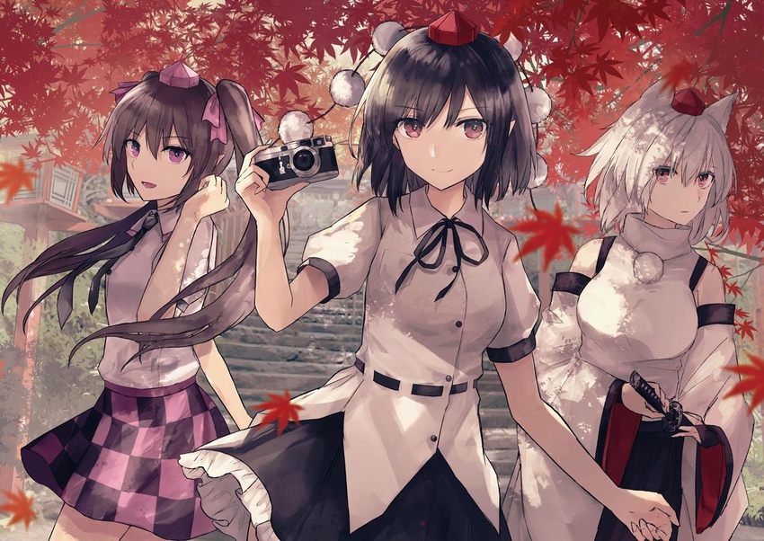 3girls :d animal_ears artist_name autumn_leaves bare_shoulders black_hair black_necktie black_ribbon black_skirt breasts brown_hair camera checkered_clothes checkered_skirt commentary_request cowboy_shot detached_sleeves hair_between_eyes hair_ribbon hand_up hat himekaidou_hatate holding holding_camera holding_sword holding_weapon inubashiri_momiji katana long_hair long_sleeves looking_at_viewer medium_breasts miniskirt multiple_girls neck_ribbon necktie open_mouth petticoat pointy_ears pom_pom_(clothes) puffy_short_sleeves puffy_sleeves purple_eyes purple_ribbon purple_skirt red_eyes ribbon shameimaru_aya shirt short_hair short_sleeves skirt smile stairs standing sword thkani tokin_hat touhou twintails weapon white_hair white_shirt wide_sleeves wolf_ears