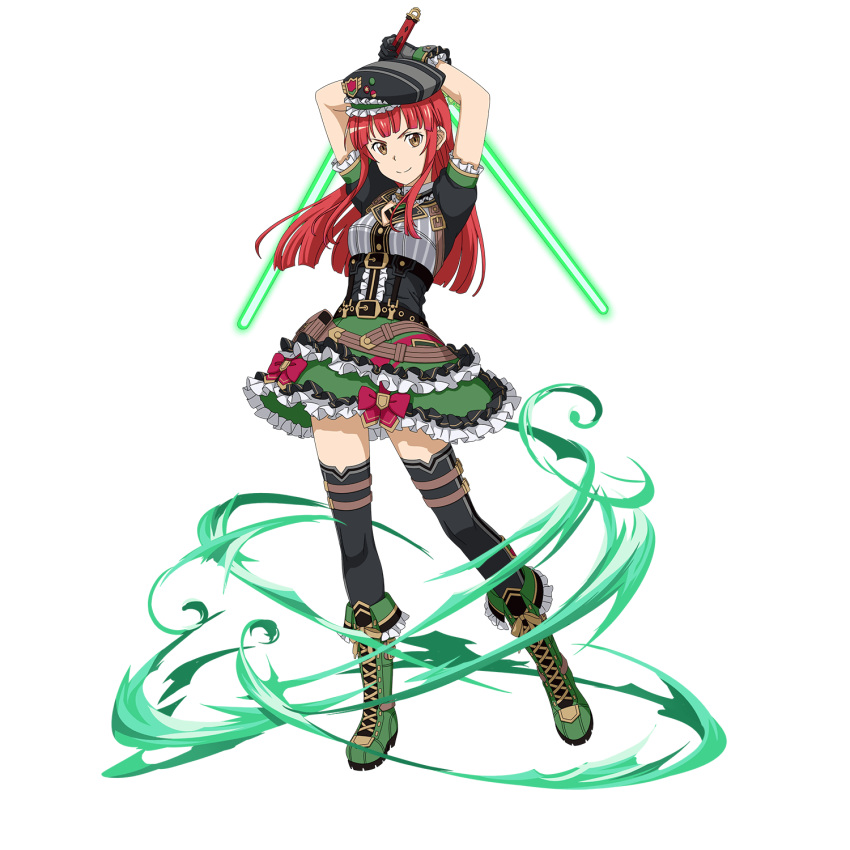 arms_up bad_id beam beam_saber beret black_hat black_thighhighs boots brown_eyes closed_mouth cross-laced_footwear dress_shirt dual_wielding energy energy_beam energy_sword female floating_hair frilled_skirt frills full_body glowing glowing_sword glowing_weapon green_footwear green_skirt hat highres holding holding_sword holding_weapon kagemitsu_g4 lace-up_boots layered_skirt long_hair looking_at_viewer miniskirt official_art rain_(sao) red_hair science_fiction shirt short_sleeves skirt smile solo straight_hair sword sword_art_online thighhighs transparent_background underbust v-shaped_eyebrows weapon zettai_ryouiki