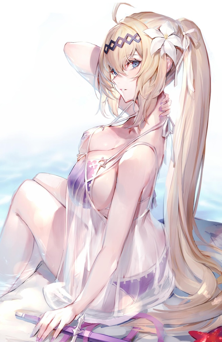 ass bare_shoulders bikini blonde_hair blue_eyes breasts collarbone commentary_request female flower from_side front-tie_bikini_top front-tie_top granblue_fantasy hair_between_eyes hair_flower hair_ornament hair_ribbon hairband highres jeanne_d'arc_(granblue_fantasy) jeanne_d'arc_(summer)_(granblue_fantasy) large_breasts lily_(flower) long_hair looking_at_viewer official_alternate_costume ponytail purple_bikini ribbon solo swimsuit sword watao water weapon