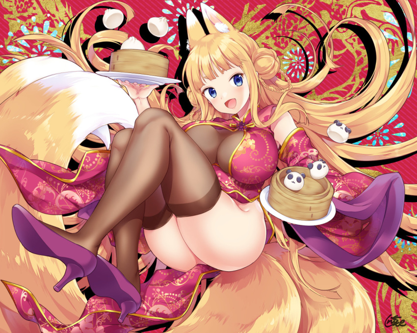 animal_ears blonde_hair blue_eyes braids breasts chinese_clothes chinese_dress cleavage food foxgirl long_hair miyano_ururu multiple_tails original see_through signed tail thighhighs