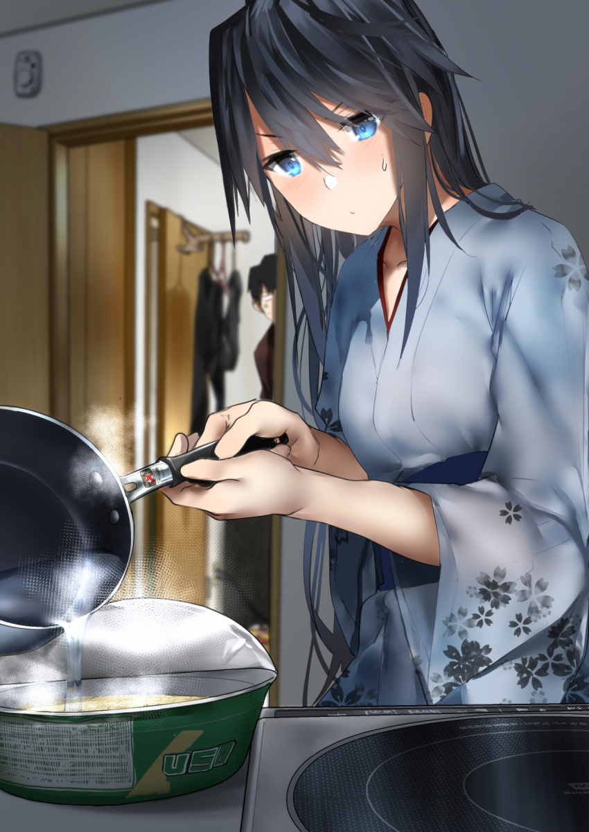 1boy araido_kagiri black_hair blue_eyes boiling commentary_request concentrating cup_ramen door doorway female floral_print food hair_between_eyes highres holding holding_saucepan indoors instant_soba japanese_clothes kimono long_hair mr.monster_(araido_kagiri) original peeking_out pouring saucepan short_hair sidelocks steam stove sweatdrop water yakisoba yuki_onna yuki_onna_(araido_kagiri)