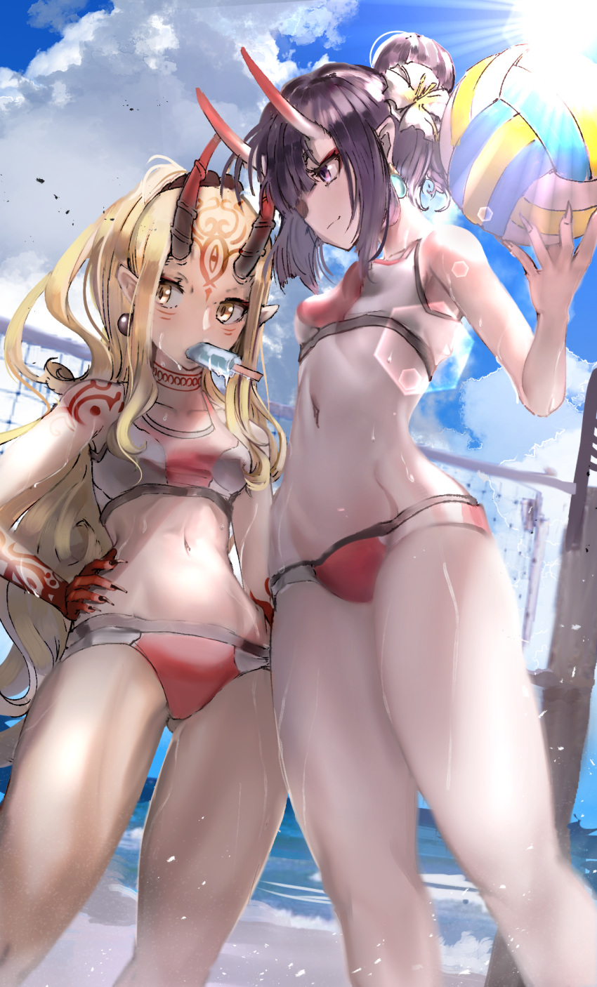 2girls bare_shoulders beach blonde_hair blue_sky breasts closed_mouth collarbone commentary day earrings eyeliner facial_mark fate/grand_order fate_(series) flower food forehead_mark hair_bun hair_flower hair_ornament highres horns ibaraki_douji_(fate) jewelry long_hair makeup mouth_hold multiple_girls nakasaku-p navel oni outdoors pointy_ears ponytail popsicle purple_eyes purple_hair short_eyebrows short_hair shuten_douji_(fate) single_hair_bun skin-covered_horns sky small_breasts sports_bra sportswear sunlight tattoo thighs two-tone_sports_bra volleyball volleyball_net yellow_eyes