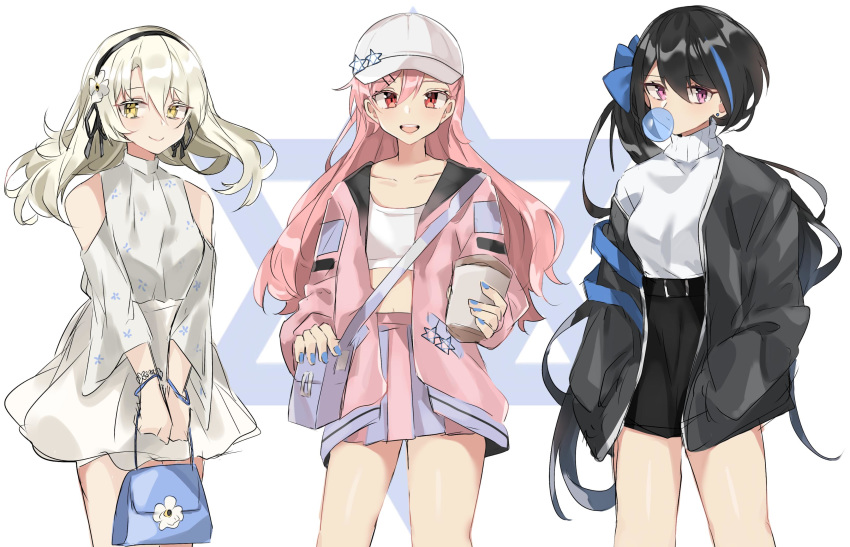 3girls absurdres aogisa bad_id bad_twitter_id bag black_hair black_jacket blonde_hair blue_hair blush braid breasts casual commentary country_connection cowboy_shot dress flower girls'_frontline hair_between_eyes hair_flower hair_ornament hairband hairclip hat hexagram highres holding holding_bag israel jacket jericho_(girls'_frontline) long_hair looking_at_viewer multicolored_hair multiple_girls negev_(girls'_frontline) off_shoulder pink_hair pink_jacket purple_eyes red_eyes ribbon sidelocks smile star_of_david streaked_hair white_dress white_headwear x95_(girls'_frontline) yellow_eyes