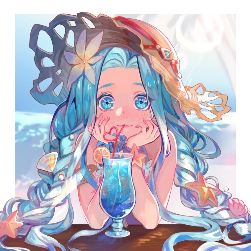 :3 armlet bare_shoulders blue_eyes blue_hair blurry blurry_background blush braid commentary crazy_straw cup day dress drink drinking drinking_glass drinking_straw elbows_on_table english_commentary female flower food fruit glass granblue_fantasy hair_flower hair_ornament hands_on_own_cheeks hands_on_own_face hat head_rest heart_straw highres hurricane_glass lemon lemon_slice long_hair looking_at_viewer lyria_(daughter_of_pearl)_(granblue_fantasy) lyria_(granblue_fantasy) official_alternate_costume outdoors oyakorodesu parted_lips pov pov_across_table scrunchie shell_hair_ornament sitting smile solo star_(symbol) star_hair_ornament sun_hat table twin_braids upper_body very_long_hair white_dress wrist_scrunchie