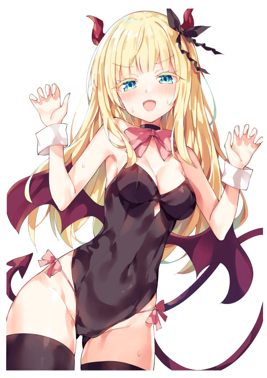 :d alternate_costume bare_shoulders black_choker black_leotard black_ribbon black_thighhighs blonde_hair blue_eyes blush bow breasts choker claw_pose cleavage collarbone colored_eyelashes commentary_request demon_girl demon_horns demon_tail demon_wings female fingernails groin hair_ribbon hands_up highleg highleg_leotard highres horns juliet_persia kishuku_gakkou_no_juliet leotard long_hair medium_breasts open_mouth red_bow red_wings ribbon simple_background smile solo strapless strapless_leotard tail thighhighs unacchi_(nyusankin) v-shaped_eyebrows very_long_hair white_background wings wrist_cuffs