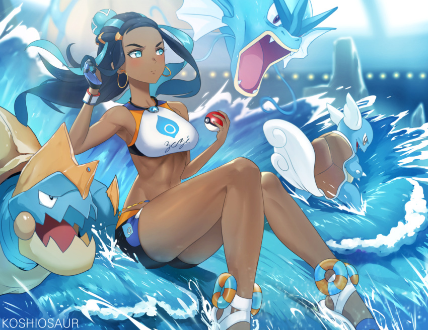 artist_name ass bad_id bad_pixiv_id bare_shoulders belly_chain bikini black_hair blue_hair blush clothes_writing commentary crop_top dark-skinned_female dark_skin drednaw earrings female gloves gyarados hair_bun holding holding_poke_ball hoop_earrings indoors jewelry koshio legs long_hair multicolored_hair navel necklace nessa_(pokemon) partially_fingerless_gloves poke_ball poke_ball_(basic) pokemon pokemon_(creature) pokemon_swsh sandals short_shorts shorts single_glove single_hair_bun sitting sportswear stadium surfing swimsuit tankini toned two-tone_hair wartortle water waving