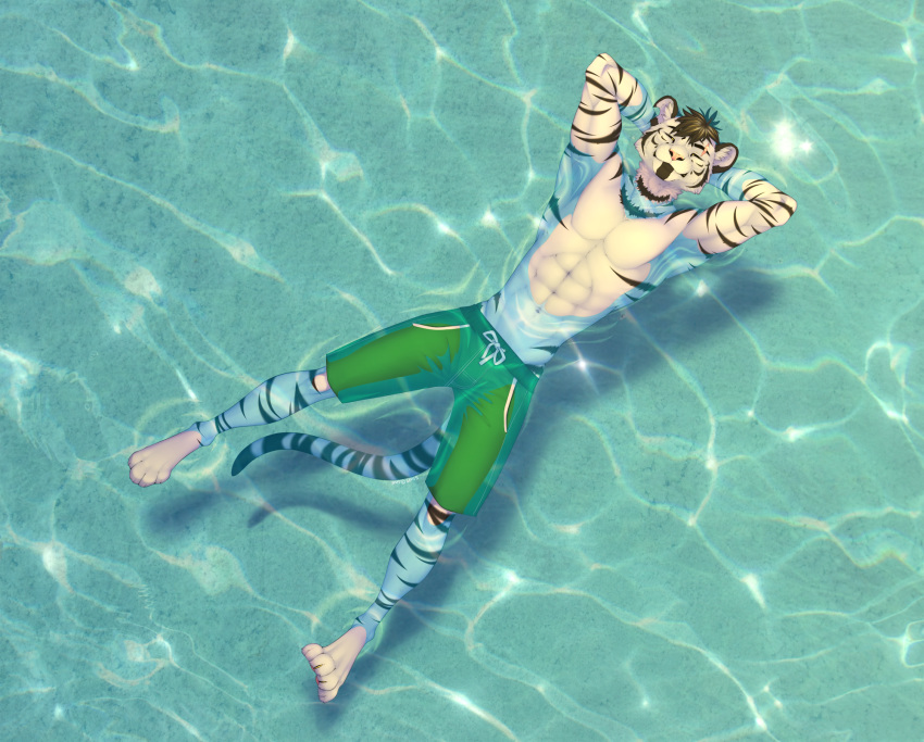 alishka anthro avoid_posting caustics clothed clothing edron_(mr-yiffy) felid floating hi_res male mammal pantherine scar solo stripes tiger topless water