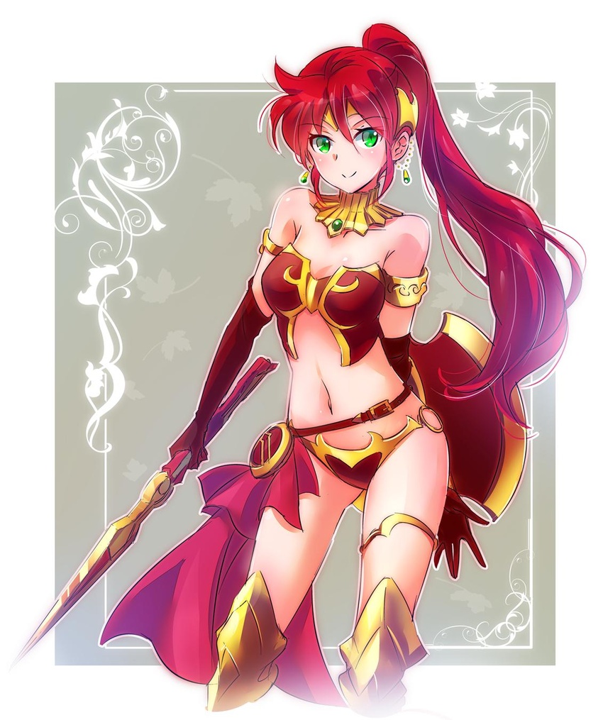 armlet armor bare_shoulders belt bikini_armor breastplate breasts buckle buckler circlet commentary earrings elbow_gloves english_commentary female forehead_protector gloves gorget greaves green_eyes highres iesupa jewelry leg_armor long_hair midriff milo_and_akouo navel ponytail pyrrha_nikos red_hair rwby sarong shield solo sword vambraces weapon xiphos_(sword)