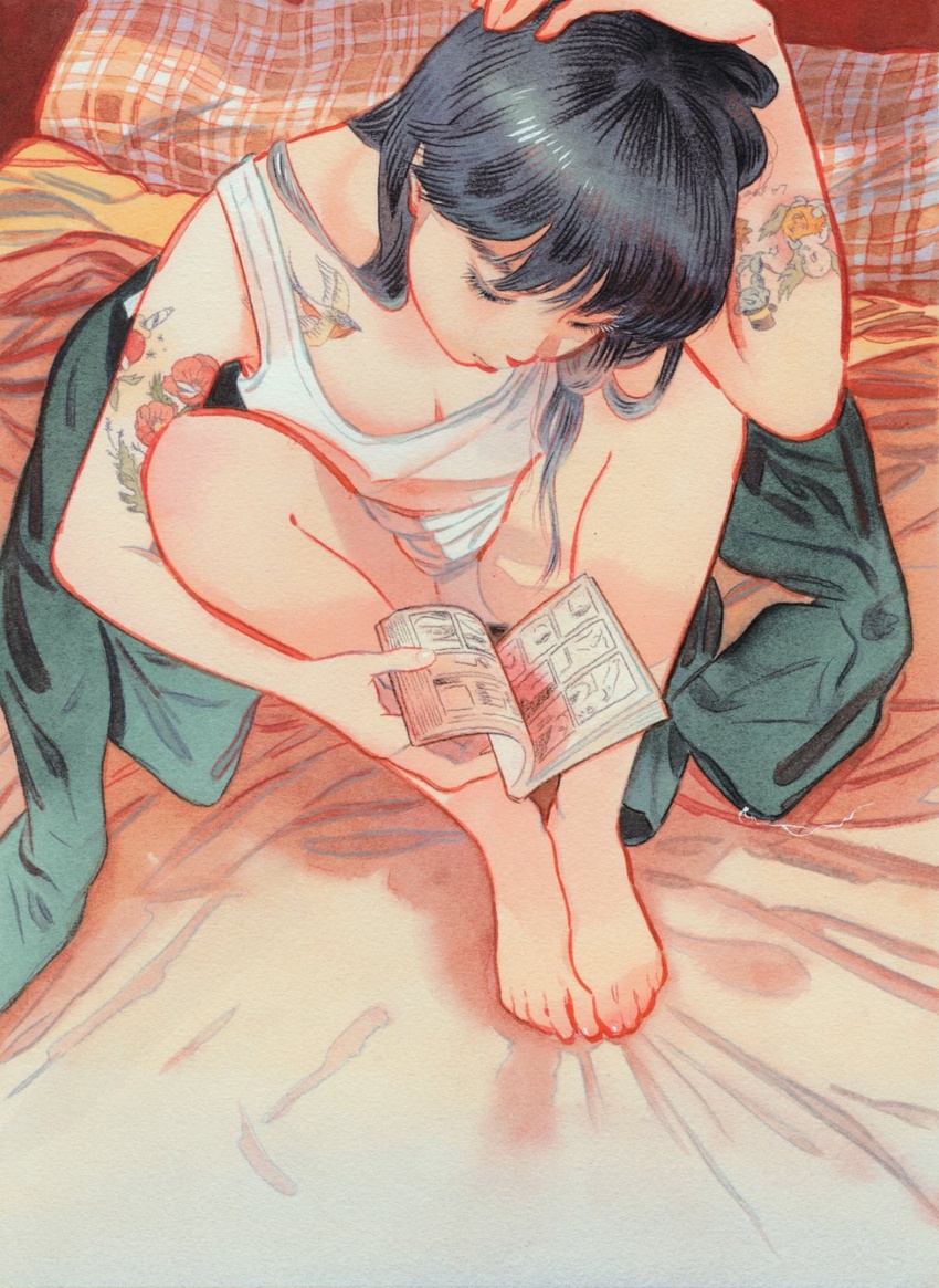 arm_tattoo bare_arms bare_legs barefoot bed bed_sheet black_hair blanket book breasts cleavage commentary_request eyelashes feet female from_above hand_on_own_head hand_up head_tilt highres knees_apart_feet_together knees_up little_thunder long_hair looking_down manga_(object) no_pants on_bed open_book original panties pillow plaid reading sitting sleeveless solo tank_top tattoo toes underwear white_panties