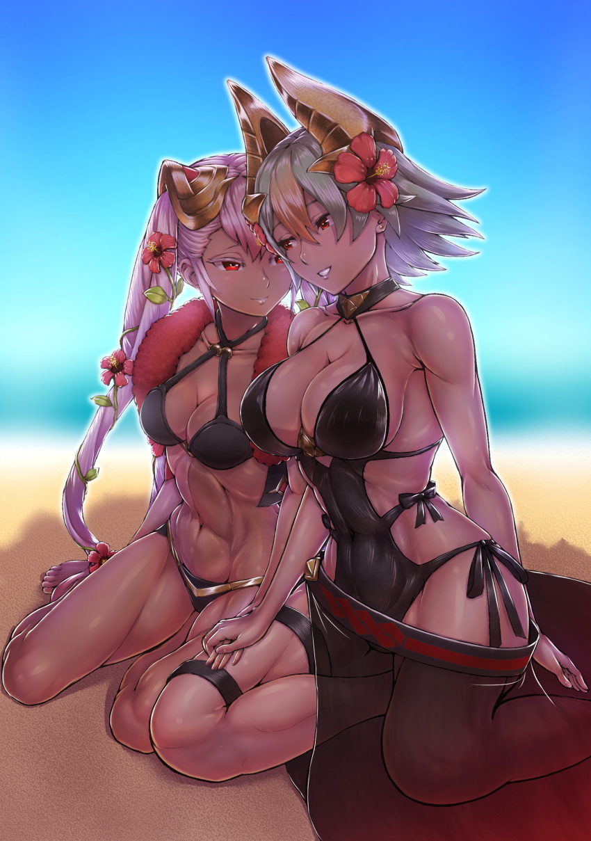 2girls abs absurdres bad_id bad_pixiv_id barefoot beach black_one-piece_swimsuit blue_sky breasts check_commentary cleavage collarbone commentary commentary_request criss-cross_halter dark-skinned_female dark_skin day fake_horns fire_emblem fire_emblem_heroes flower fukadumeasadume gradient_hair green_hair hair_between_eyes hair_flower hair_ornament halterneck highres holding_hands horned_headwear horns kneeling laegjarn_(fire_emblem) laegjarn_(summer)_(fire_emblem) laevatein_(fire_emblem) laevatein_(summer)_(fire_emblem) large_breasts long_hair multicolored_hair multiple_girls muscular navel ocean one-piece_swimsuit orange_hair outdoors pink_hair red_eyes red_flower short_hair siblings sisters sitting sky smile swimsuit thigh_strap twintails yokozuwari yuri