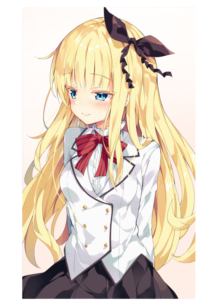 arms_behind_back black_ribbon black_skirt blazer blonde_hair blue_eyes blush bow closed_mouth colored_eyelashes commentary_request dahlia_academy_boarding_school_uniform female hair_ribbon highres jacket juliet_persia kishuku_gakkou_no_juliet long_hair looking_away looking_to_the_side pleated_skirt red_bow ribbon school_uniform shirt skirt smile solo striped striped_bow unacchi_(nyusankin) very_long_hair white_jacket white_shirt