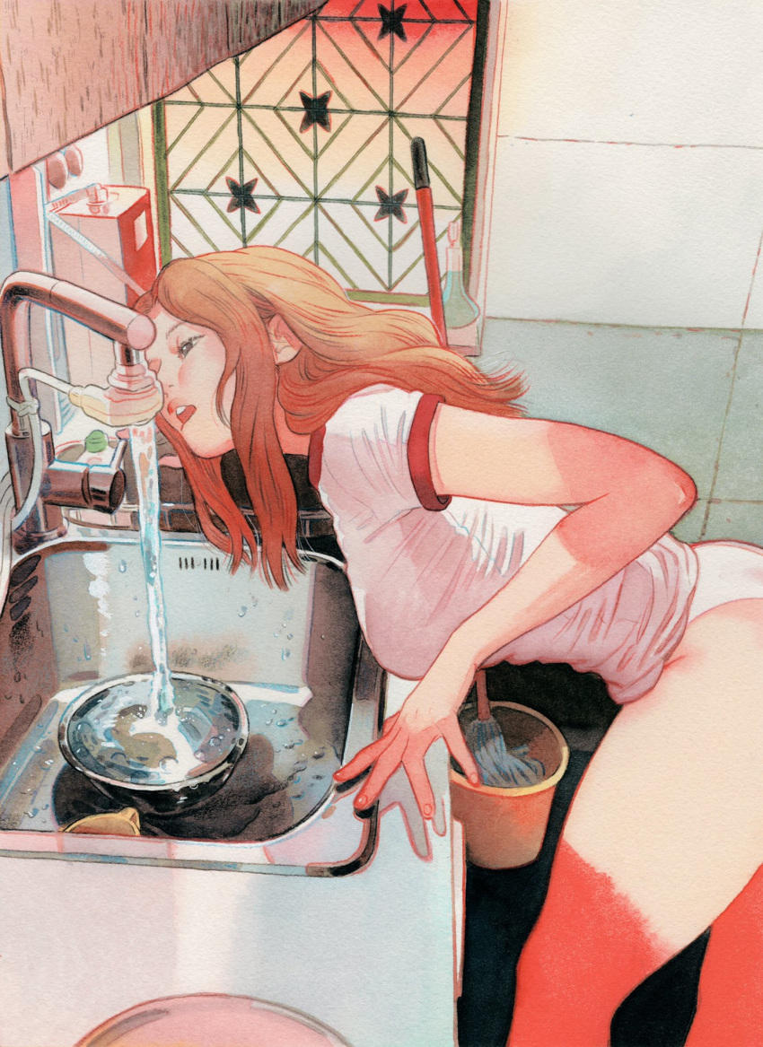 ass black_eyes bowl breasts brown_hair bucket commentary cup faucet female highres indoors kitchen little_thunder long_hair mop open_mouth original panties shirt sink solo t-shirt teeth underwear water white_panties