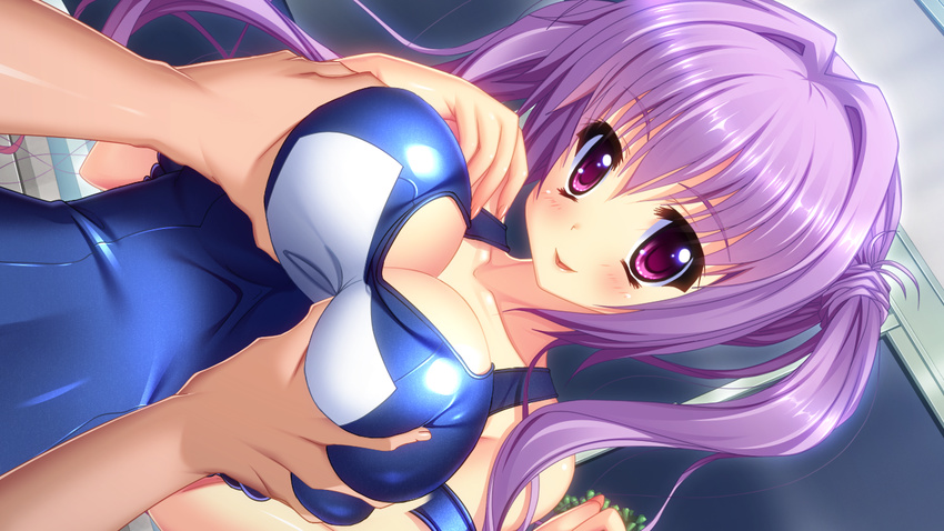 breasts female g-cup_sisters!_imouto-darake_no_sakunyuu_gakuen-sai game_cg grabbing grabbing_another's_breast huge_breasts kaneshiro_wataru long_hair one-piece_swimsuit pov purple_eyes purple_hair school_swimsuit shiny_clothes smile straight swimsuit tongue tongue_out twintails ukima_mio