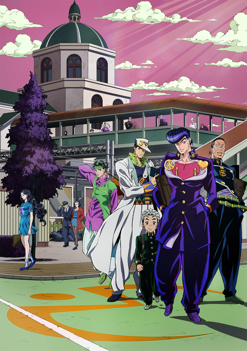 2girls 6+boys blue_eyes building cloud coat diamond_wa_kudakenai gakuran hat hazamada_toshikazu higashikata_josuke higashikata_ryohei higashikata_tomoko highres hirose_koichi jacket jojo_no_kimyou_na_bouken joseph_joestar joseph_joestar_(old) katagiri_anjuro key_visual kishibe_rohan kobayashi_tamami kujo_jotaro long_sleeves looking_at_viewer multiple_boys multiple_girls nijimura's_father nijimura_keicho nijimura_okuyasu official_art otoishi_akira outdoors pants peace_symbol pompadour promotional_art purple_sky school_uniform sky standing tonio_trussardi tree walking yamagishi_yukako