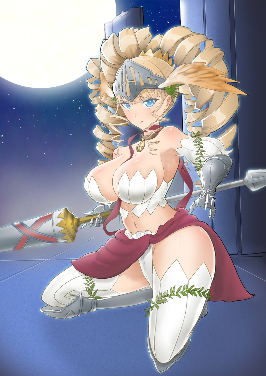 armor athena_(lord_of_vermilion) blonde_hair blue_eyes breasts character_request cleavage collar crown drill_hair female head_wings knight lance large_breasts long_hair lord_of_vermilion moon night polearm sideboob solo source_request spear warrior weapon yaman_(yamanta_lov)