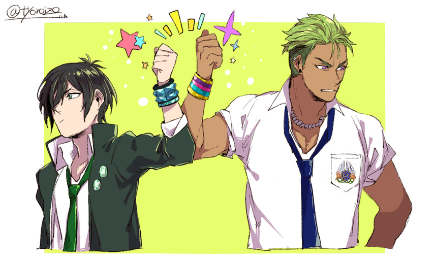 2boys ^^^ black_hair blue_necktie bracelet buttons chorota commentary_request dark-skinned_male dark_skin green_eyes green_hair green_necktie hair_over_one_eye jewelry king_of_prism king_of_prism_by_prettyrhythm kougami_taiga looking_away male_focus multiple_boys necktie pretty_rhythm pretty_series purple_eyes school_uniform star_(symbol) studded_bracelet twitter_username upper_body yamato_alexander