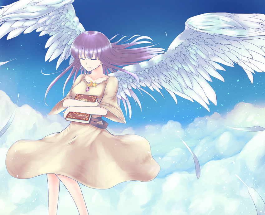 above_clouds alternate_costume bird_wings blue_sky book brooch character_name closed_eyes cloud collarbone commentary_request crescent day dress feathers female flying highres holding holding_book hugging_book hugging_object jewelry light_particles light_smile long_hair orinpachu patchouli_knowledge purple_hair sky solo star_(symbol) touhou wind wings