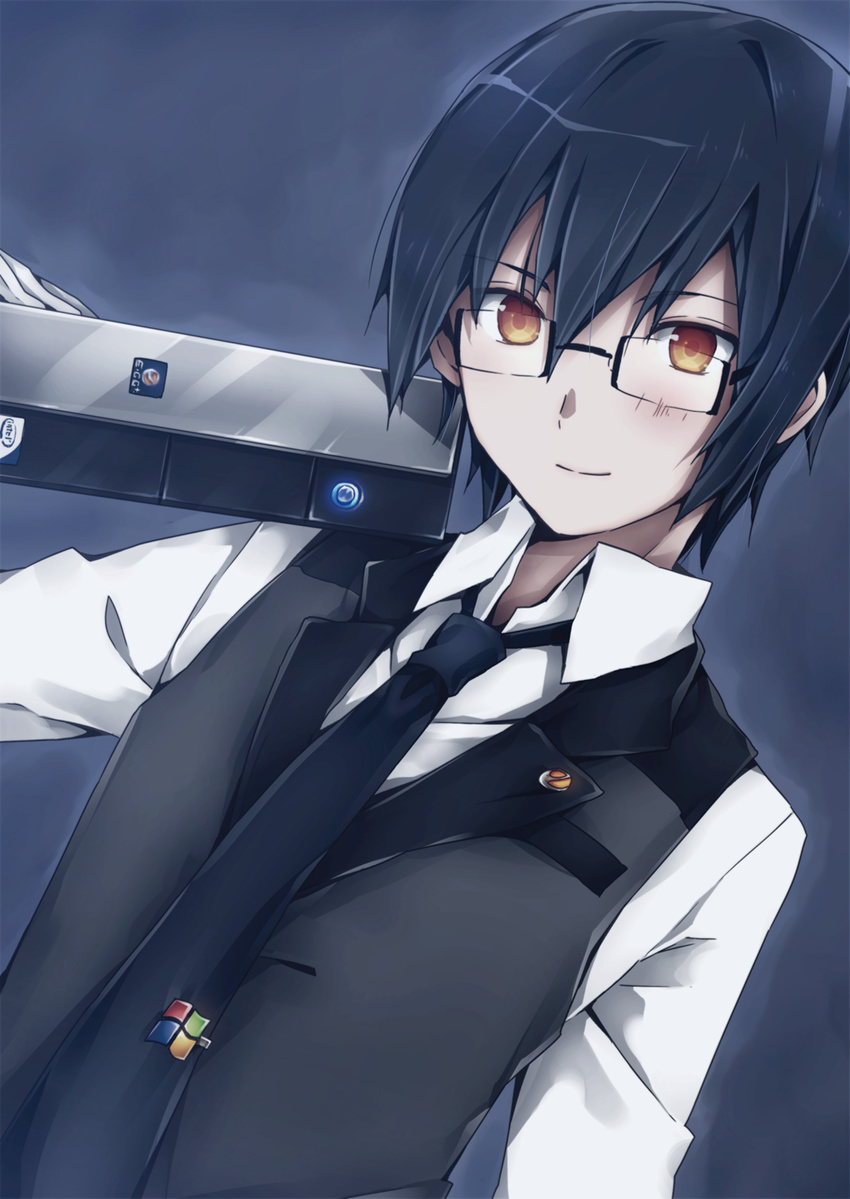 1boy bad_id bad_pixiv_id badge black_hair blush brown_hair computer dress_shirt glasses highres holding intel looking_at_viewer male_focus microsoft natsu_natsuna necktie original shirt sleeveless_blazer smile solo waistcoat white_shirt