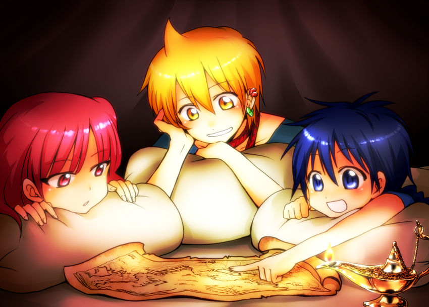 2boys aladdin_(magi) ali_baba_saluja blonde_hair blue_eyes blue_hair commentary_request female hana_azuki lamp magi_the_labyrinth_of_magic map morgiana multiple_boys oil_lamp one_side_up red_eyes red_hair short_hair