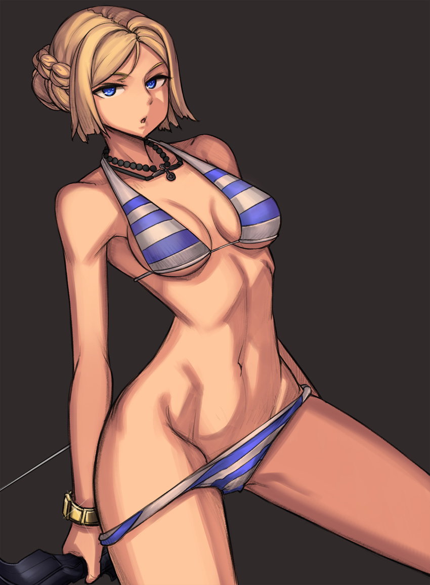 bad_id bad_pixiv_id bikini bikini_pull blonde_hair blue_bikini blue_eyes bracelet braid breasts brown_background character_name closers clothes_pull clyde_s commentary_request cowboy_shot female halterneck highres irina_petrovona jewelry korean_commentary korean_text looking_at_viewer medium_breasts navel necklace photoshop_(medium) short_hair simple_background solo striped_bikini striped_clothes swimsuit underboob