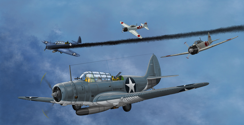 6+boys a6m_zero aerial_battle aircraft airplane battle battle_of_midway beroberoman bomber browning_m1919 commentary_request day dogfight flying goggles gun highres historical_event machine_gun military military_vehicle multiple_boys original photoshop_(medium) pilot propeller real_life roundel shot_down sky smoke tbd_devastator torpedo torpedo_bomber vehicle_focus weapon world_war_ii