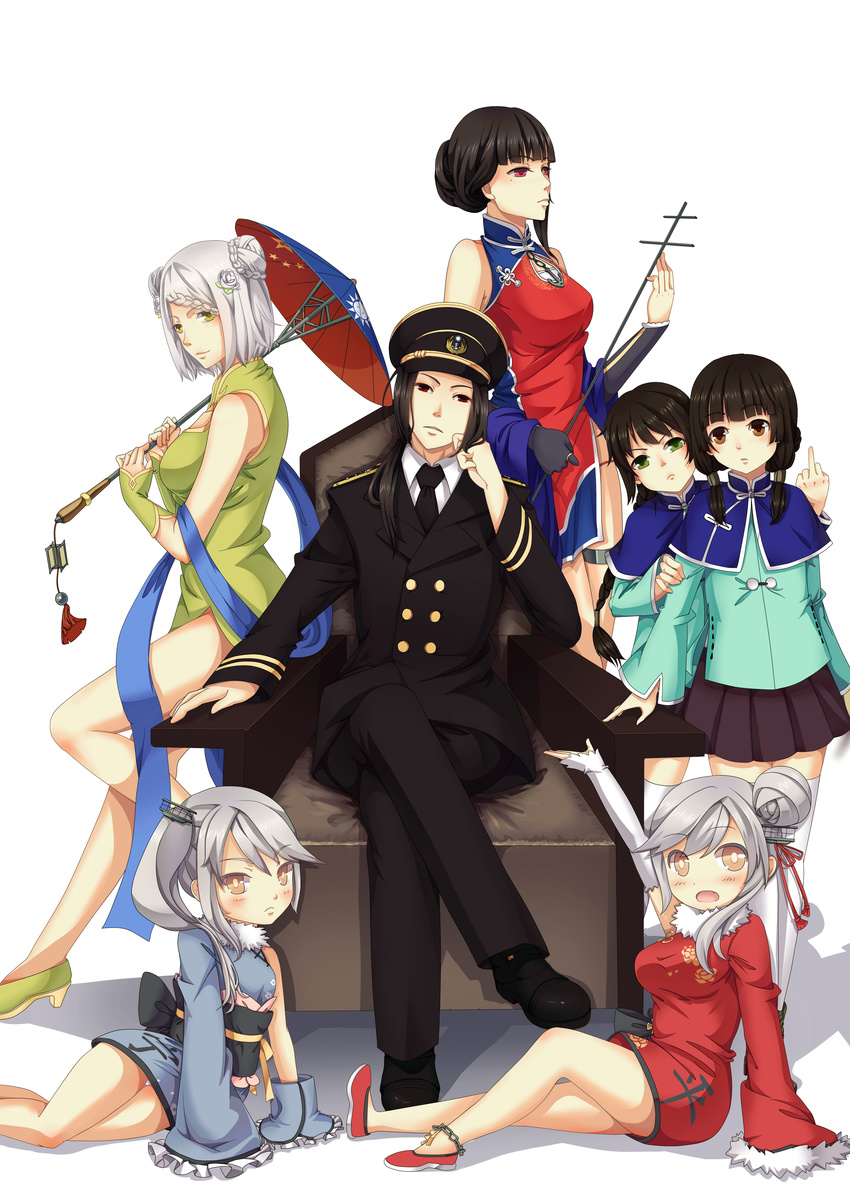 1boy 6+girls absurdres admiral_(warship_girls_r) aurora_(warship_girls_r) axis_powers_hetalia bare_shoulders black_hair braid brown_eyes brown_hair capelet chair chao_ho_(warship_girls_r) china_(hetalia) china_dress chinese_clothes chongqing_(warship_girls_r) commentary_request crossed_legs detached_sleeves double_bun dress flower green_eyes grey_hair hair_bun hair_flower hair_ornament hair_ribbon hair_tubes hat highres japanese_clothes kelang kimono long_hair looking_at_viewer lying middle_finger military military_uniform mole mole_under_eye multiple_girls ning_hai_(warship_girls_r) obi oil-paper_umbrella on_side pantyhose peaked_cap ping_hai_(warship_girls_r) pleated_skirt ponytail pot red_eyes ribbon sash short_hair short_kimono side_ponytail single_side_bun sitting skirt standing umbrella uniform warship_girls_r white_background yat_sen_(warship_girls_r) yellow_eyes ying_swei_(warship_girls_r)