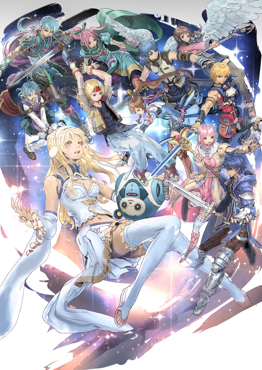 armor black_shirt blonde_hair blue_hair boots brown_hair cape claude_c._kenny crescent crescent_hair_ornament edge_maverick evelysse_(star_ocean) everyone fayt_leingod fidel_camuze gun hair_ornament highres in-franchise_crossover jacket knee_boots long_hair miki_sauvester millie_chliette official_art pants pink_hair ponytail rena_lanford roddick_farrence saionji_reimi shirt skirt sophia_esteed staff star_ocean star_ocean_anamnesis star_ocean_first_departure star_ocean_integrity_and_faithlessness star_ocean_the_last_hope star_ocean_the_second_story star_ocean_till_the_end_of_time sword thighhighs weapon white_footwear white_legwear wings yasuda_akira