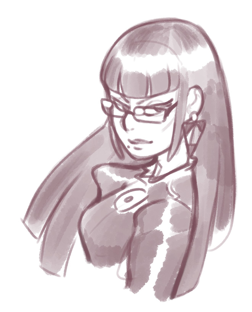 alternate_hairstyle bayonetta bayonetta_(character) black_and_white blunt_bangs boobs combos-n-doodles earrings female_protagonist glasses looking_at_viewer monochrome simple_background sketch uncolored video_games voluptuous witch