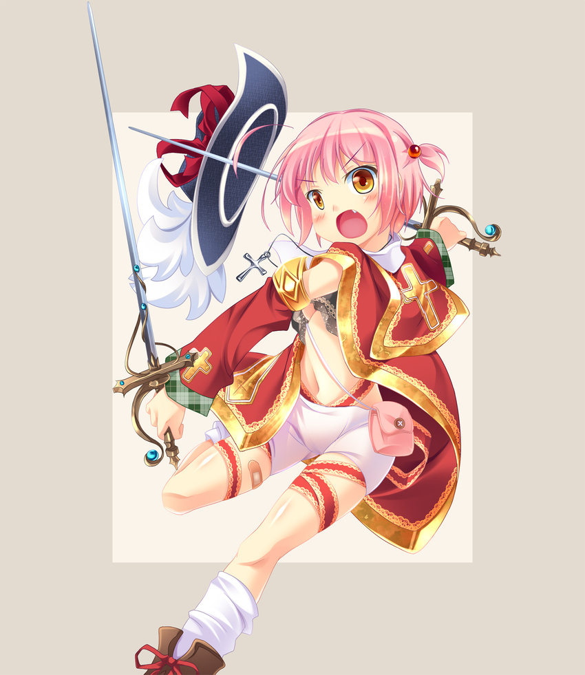 bandaid blush brown_eyes dual_wielding female hat highres holding navel open_mouth photoshop_(medium) pink_hair rapier sekine_irie short_hair solo sword weapon