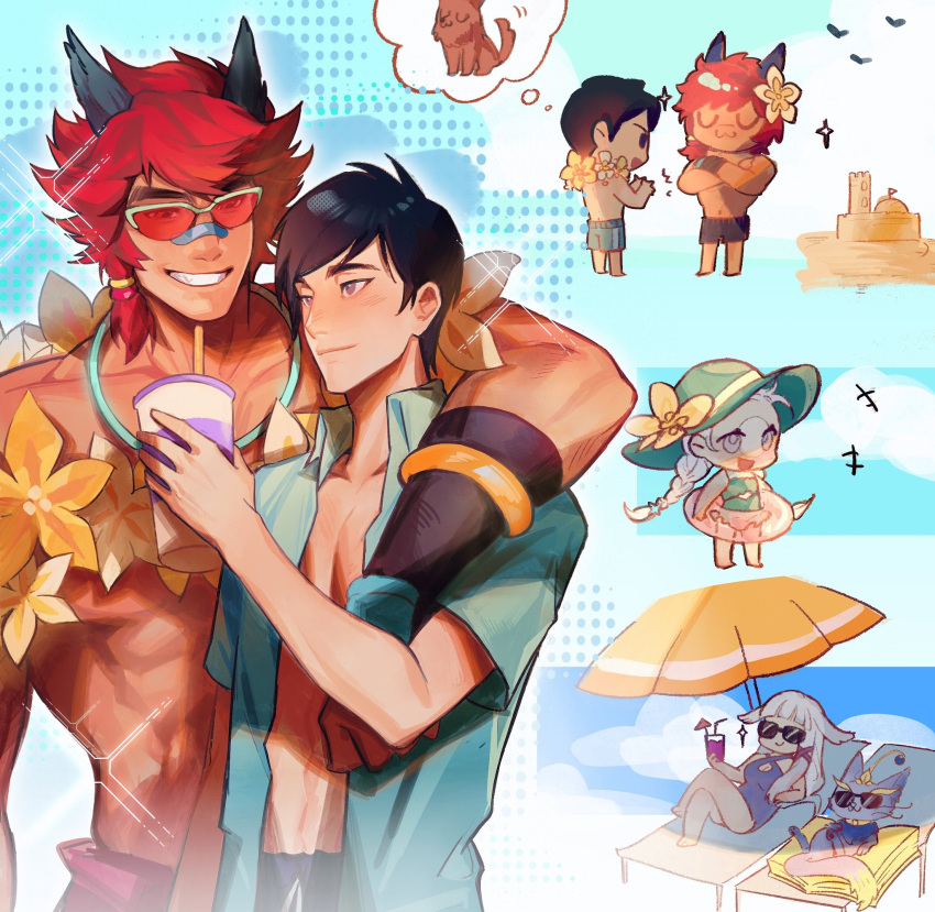 2boys 2girls :3 alune_(league_of_legends) animal_ears aphelios aqua_shirt bandaid bandaid_on_face bandaid_on_nose black_hair black_male_swimwear chibi closed_mouth crossed_arms feline fiiiiiiisher7 flower flower_necklace highres jewelry league_of_legends male_swimwear multiple_boys multiple_girls muscular muscular_male necklace official_alternate_costume open_clothes open_shirt pool_party_sett red_hair sett's_mother_(league_of_legends) sett_(league_of_legends) shirt short_hair smile sunglasses teeth topless_male white_hair yuumi_(league_of_legends)