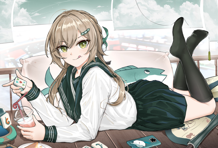 :q absurdres alternate_costume black_socks brown_hair crazy_straw cup disposable_cup drinking_straw feet female fish green_eyes green_sailor_collar green_skirt highres holding holding_cup holding_mahjong_tile honkai:_star_rail honkai_(series) kneehighs legs licking_lips long_hair long_sleeves looking_at_viewer lying mahjong_tile no_shoes on_stomach pillow pleated_skirt qingque_(honkai:_star_rail) revision sailor_collar school_uniform serafuku shirt skirt socks soles solo the_pose toes tongue tongue_out wangzili_shitoumen white_shirt