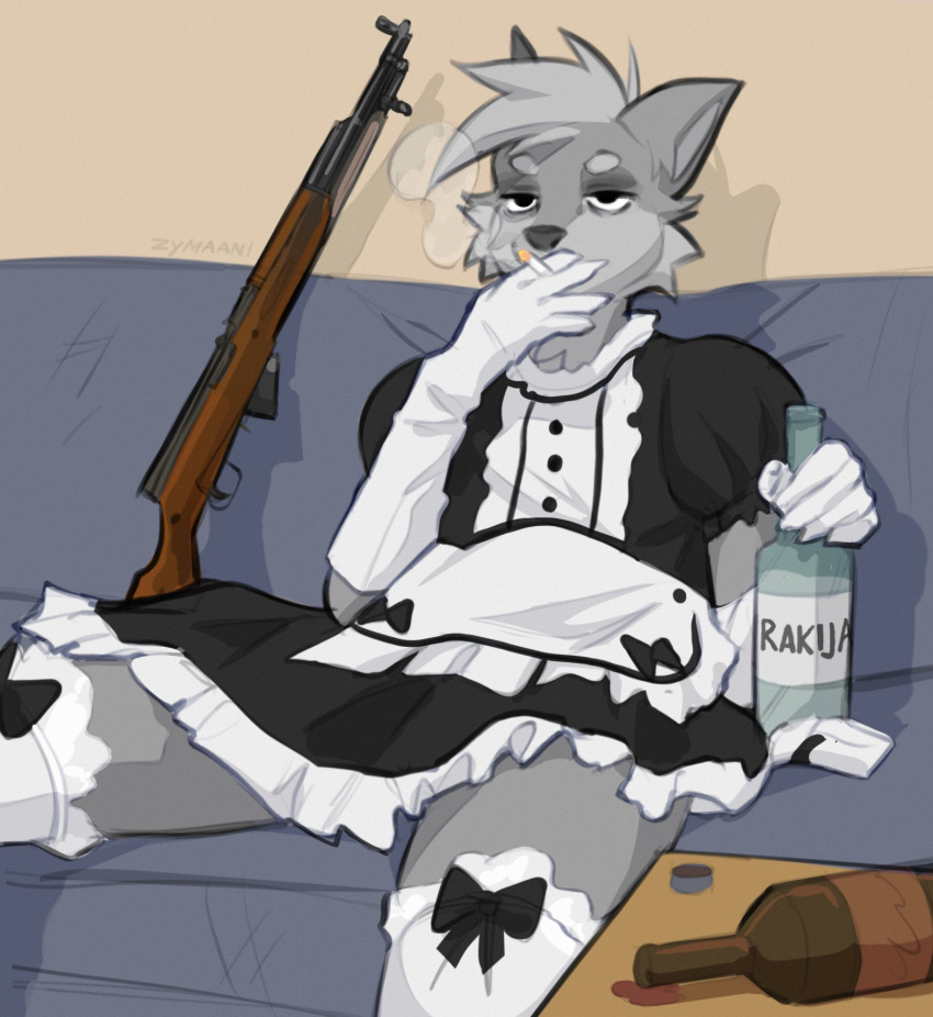 2023 5_fingers alcohol anthro beverage black_eyes bottle bottle_cap bow_tie canid canine canis cigarette clothed clothing container covering covering_mouth covering_own_mouth covering_self crossdressing digital_media_(artwork) fingers flat_colors fur furniture gloves grey_body grey_fur gun hair handwear hi_res holding_bottle holding_container holding_object legwear maid_uniform male mammal ranged_weapon rifle short_hair sitting sks smoke smoking sofa solo spilled_drink stockings table tired uniform wall_(structure) weapon wolf zymaani