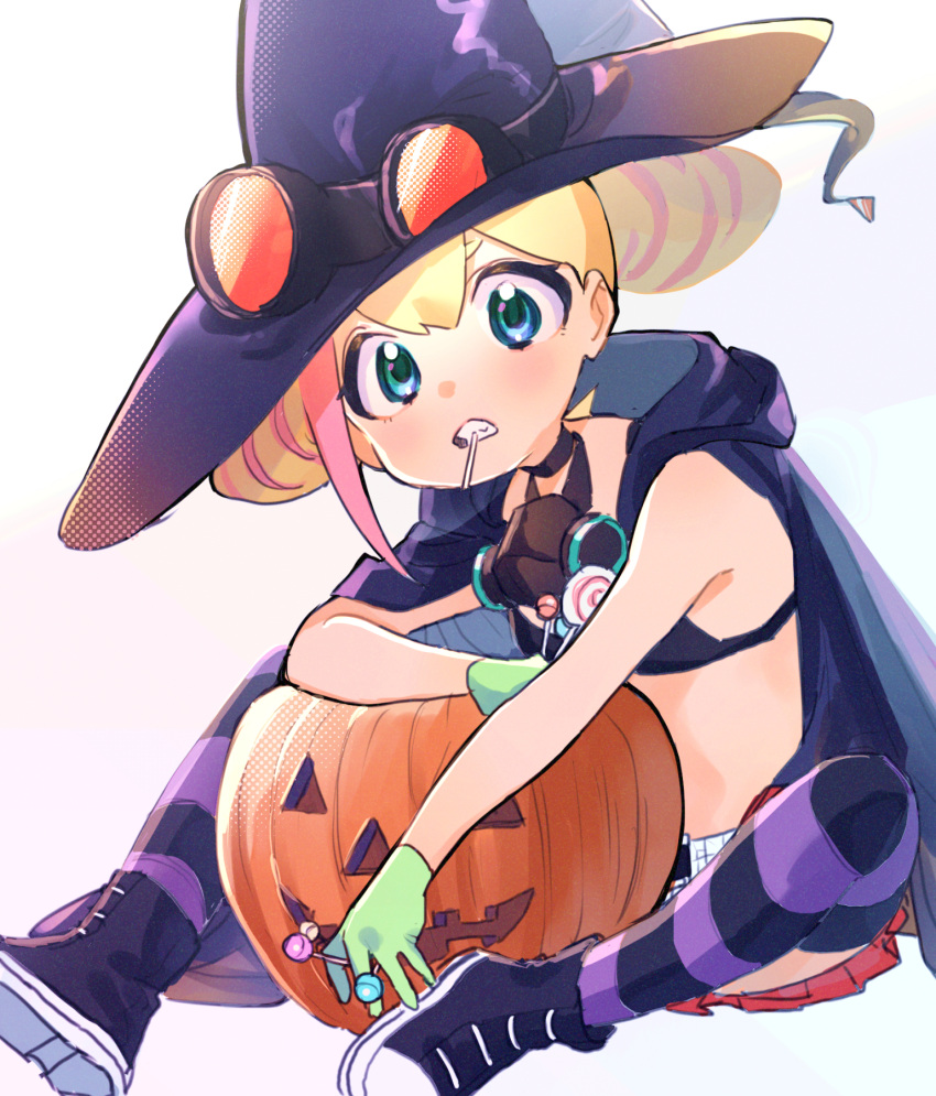 belt black_bra black_cape black_footwear blonde_hair bra candy cape double_bun female flat_chest food gloves goggles goggles_on_headwear green_eyes green_gloves hair_bun halloween hat highres holding holding_candy holding_food holding_lollipop hood hood_down jack-o'-lantern kouhara_yuyu lollipop looking_at_viewer lucia_fex multicolored_hair pink_hair plaid plaid_skirt promare red_skirt respirator simple_background single_sidelock sitting skirt solo striped_clothes striped_thighhighs swirl_lollipop thighhighs underwear white_background white_belt witch_hat