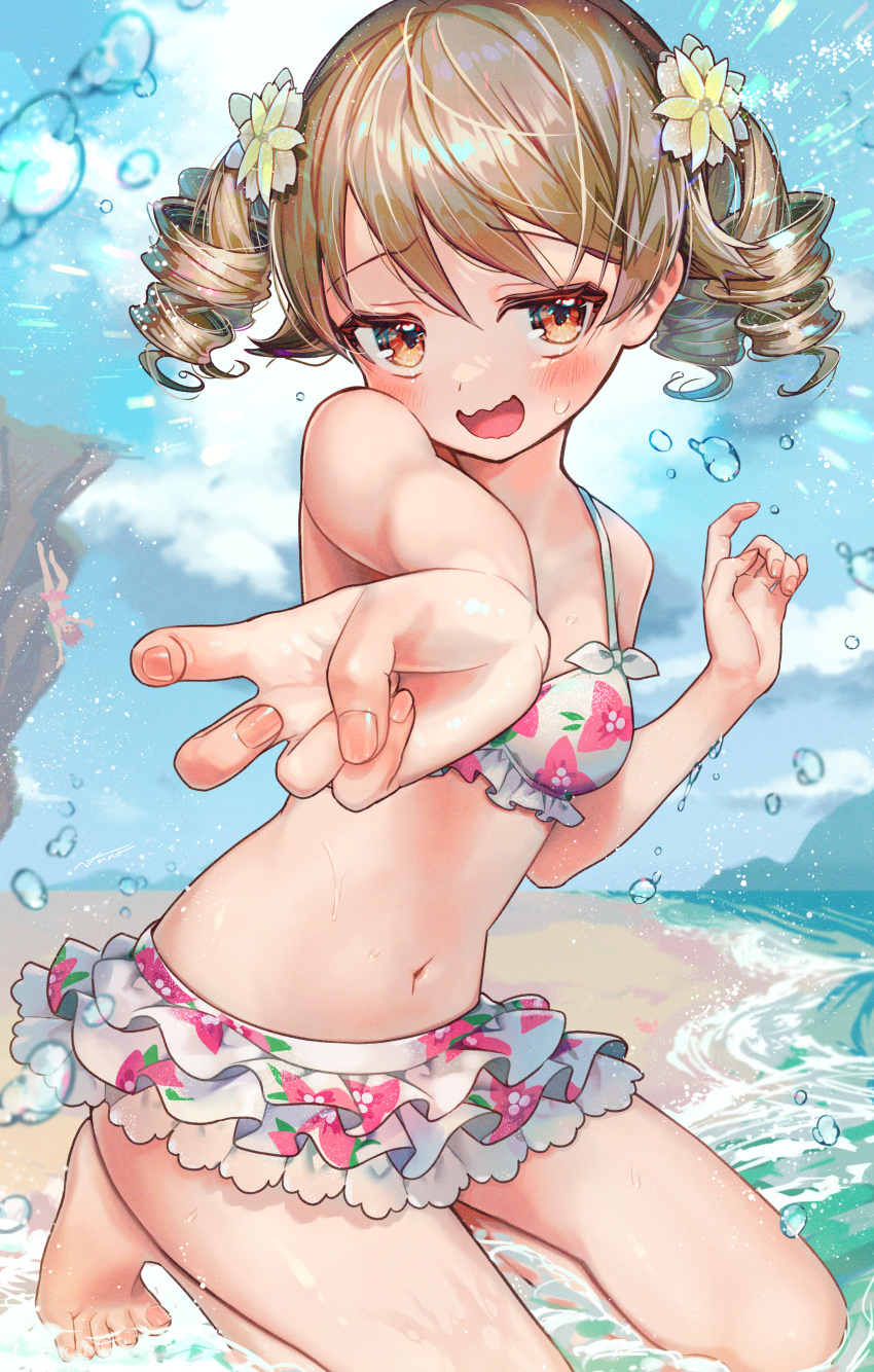 2girls absurdres beach bent_v bikini bikini_skirt blush breasts brown_hair commentary_request drill_hair embarrassed fingernails floral_print floral_print_bikini highres idolmaster idolmaster_cinderella_girls kneeling looking_at_viewer medium_hair morikubo_nono multiple_girls navel nervous open_mouth print_bikini quad_drills small_breasts solo_focus swimsuit v wavy_mouth yukinuno