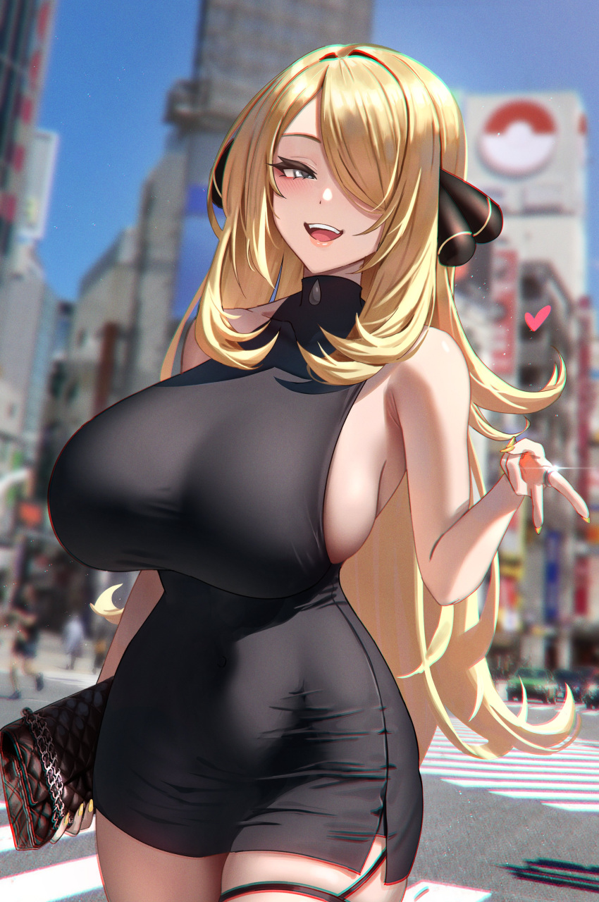 :d absurdres alternate_breast_size anima_(togashi) bag black_dress blonde_hair blue_sky blurry blurry_background breasts car covered_navel cynthia_(pokemon) dress female grey_eyes gyaru_v hair_ornament hair_over_one_eye heart highres holding holding_bag huge_breasts impossible_clothes impossible_dress light_particles long_hair looking_at_viewer motor_vehicle open_mouth outdoors people pokemon pokemon_dppt road short_dress sideboob skindentation sky smile solo standing street taut_clothes taut_dress thighs turtleneck turtleneck_dress v very_long_hair women's_wallet