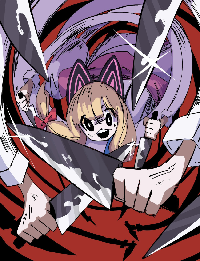 :3 anatomical_nonsense anger_vein animal_ears black_background black_eyes blonde_hair blue_archive blunt_bangs bow bright_pupils cat_ears commentary_request crossed_knives death_momoi_(meme) dr_yamero extra_arms fake_animal_ears female glint hairbow highres holding holding_knife jacket kitchen_knife knife long_arms long_hair long_sleeves meme momoi_(blue_archive) motion_lines open_mouth red_background red_bow reverse_grip shaded_face shirt silhouette solo teeth too_many_hands two-tone_background upper_teeth_only white_jacket white_pupils white_shirt