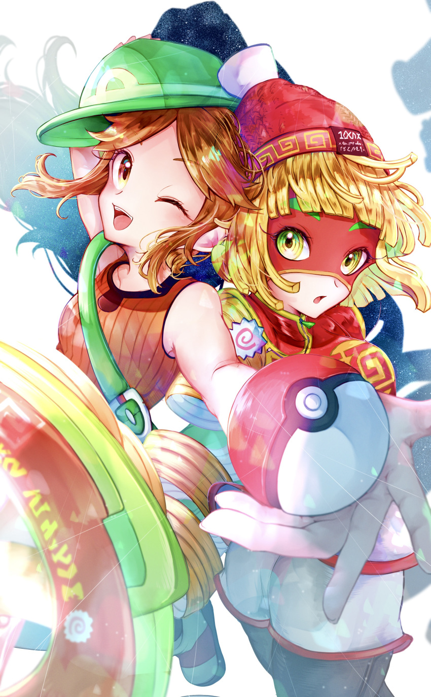 2girls absurdres alternate_color ass back-to-back blonde_hair brown_hair domino_mask food green_eyes green_headwear hat highres holding holding_poke_ball kamaboko knit_hat leaf_(pokemon) looking_at_viewer mask meandros min_min_(arms) multiple_girls narutomaki nemu_(ut_kakinotane) one_eye_closed pants_under_shorts poke_ball poke_ball_(basic) pokemon pokemon_frlg ramram_(arms) smile super_smash_bros. vs_seeker white_background