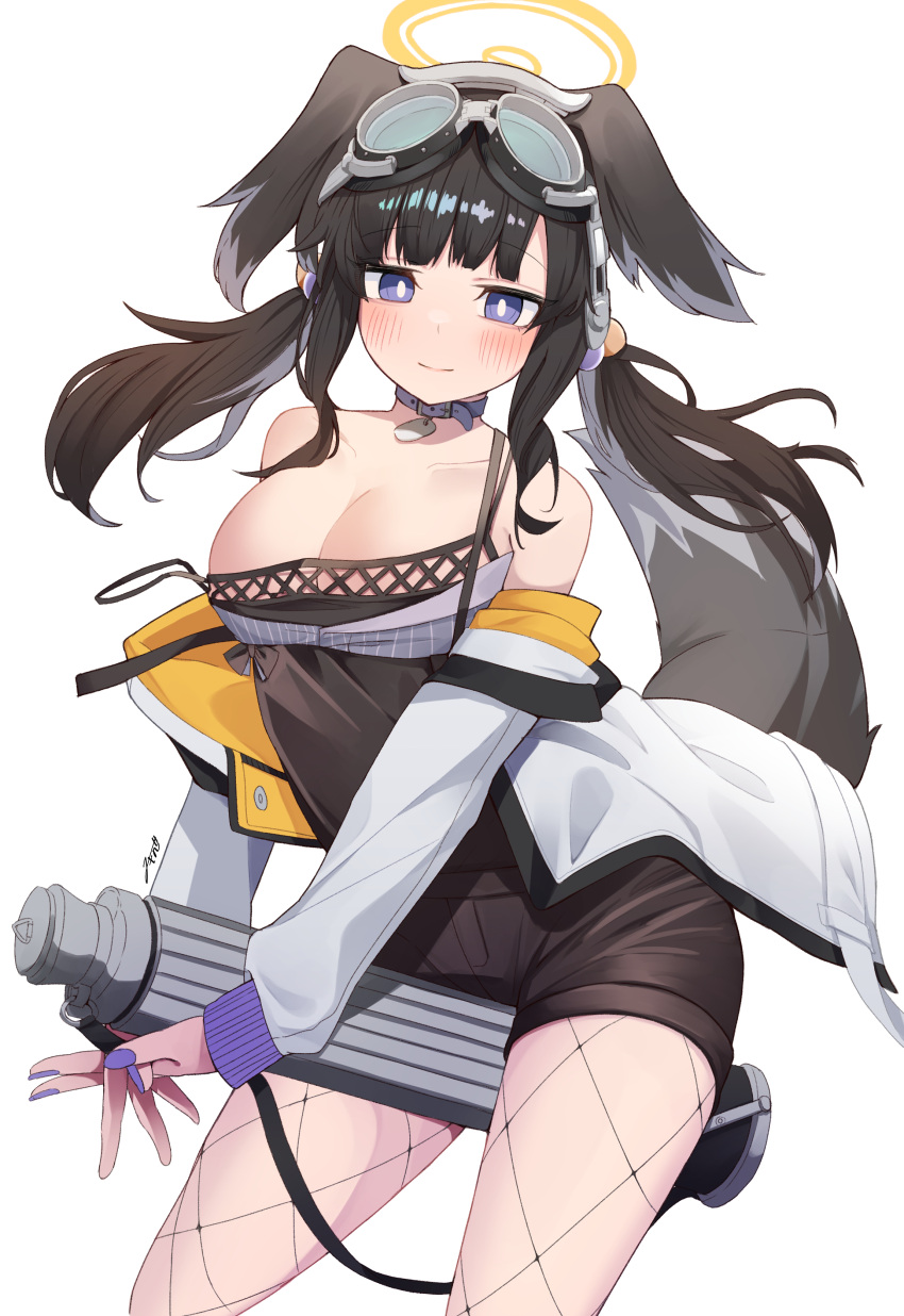 absurdres akinoji_(akiponpon27) animal_collar animal_ears black_dress black_hair blue_archive blush breasts cleavage closed_mouth collar cowboy_shot dog_ears dog_tail dress eyewear_on_head female fingernails halo hibiki_(blue_archive) highres large_breasts long_hair long_sleeves nail_polish purple_eyes purple_nails signature simple_background solo tail white_background yellow_halo