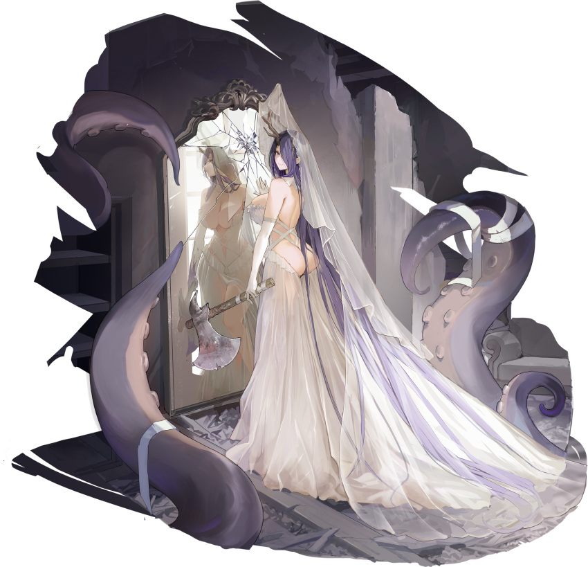 absurdly_long_hair alpha_transparency antlers ass axe azur_lane back backless_dress backless_outfit bare_back bare_shoulders battle_axe breasts bridal_veil broken_mirror brown_eyes butt_crack cleavage closed_mouth different_reflection dress elbow_gloves female from_behind full_body gloves golden_hind_(azur_lane) golden_hind_(forlorn_femme_fatale)_(azur_lane) hair_between_ass highres holding holding_axe holding_weapon horns huge_breasts indoors long_dress long_hair looking_at_viewer looking_back mirror official_alternate_costume official_art purple_hair reflection reindeer_antlers revealing_clothes see-through sideboob smile solo souji_hougu standing tentacle transparent_background veil very_long_hair weapon wedding_dress white_dress white_gloves