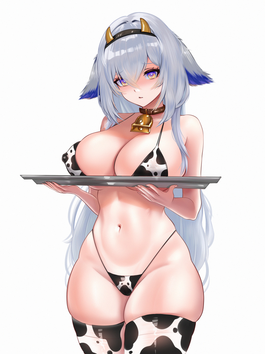 absurdres alternate_costume animal_print azur_lane bad_id bad_pixiv_id bell breast_rest breasts breasts_on_tray carried_breast_rest carrying covered_nipples cow_girl cow_horns cow_print cowbell cowboy_shot female grey_hair hair_between_eyes highres holding holding_tray horns large_breasts long_hair looking_at_viewer navel purple_eyes saniko_art second-party_source sideboob simple_background solo stomach thighhighs tosa_(azur_lane) tray very_long_hair white_background