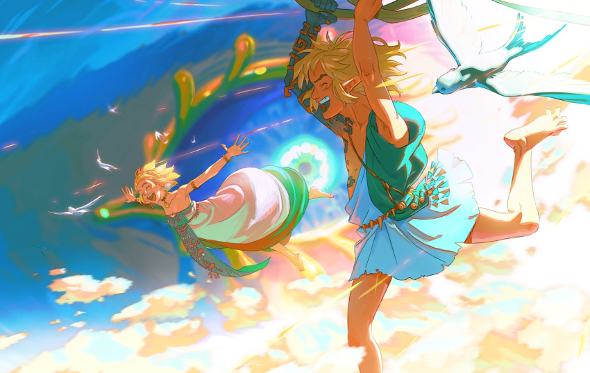 1boy alisvart archaic_set_(zelda) armlet bare_legs barefoot bird blonde_hair bracelet cloud dress female flying happy highres jewelry light_dragon_(zelda) link midair necklace open_mouth paraglider pointy_ears princess_zelda smile the_legend_of_zelda the_legend_of_zelda:_tears_of_the_kingdom