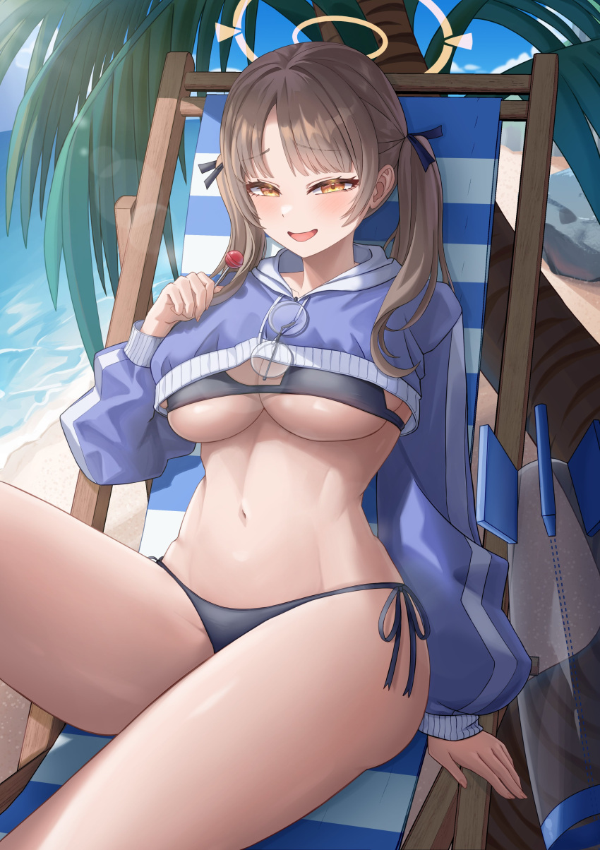 abs absurdres beach beach_chair bikini black_bikini blue_archive blush breasts brown_hair candy cleavage commentary cropped_hoodie day eyewear_hang feet_out_of_frame female food halo highres holding holding_candy holding_food holding_lollipop hood hoodie inflatable_torpedo large_breasts lens_flare lollipop long_hair long_sleeves looking_at_viewer moe_(blue_archive) moe_(swimsuit)_(blue_archive) navel ocean official_alternate_costume open_mouth orange_eyes outdoors palm_tree parted_bangs rang_g_c side-tie_bikini_bottom sitting smile solo stomach swimsuit tree twintails underboob unworn_eyewear yellow_halo