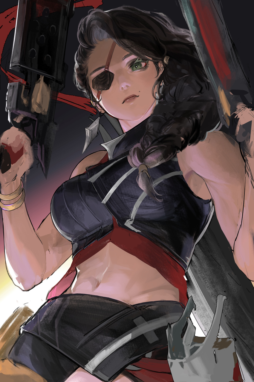 absurdres bare_shoulders black_hair bracelet breasts closed_mouth earrings eyepatch female gradient_background green_eyes gun hands_up highres holding holding_gun holding_weapon jewelry kkotkke large_breasts league_of_legends long_hair mole mole_above_mouth navel samira smile solo stomach weapon