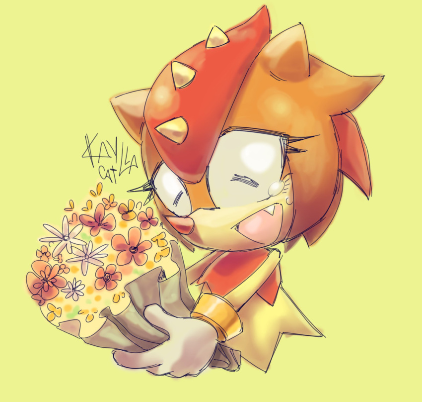 2023 5_fingers anthro biped bodily_fluids bouquet brown_body classic_sonic_(universe) clothing eyelashes female fingers flower flower_bouquet girdled_lizard gloves green_background half-length_portrait handwear hi_res holding_bouquet holding_flower holding_object kayllacat lizard multicolored_body orange_body plant portrait reptile scalie sega simple_background smile solo sonic_superstars sonic_the_hedgehog_(series) spikes spikes_(anatomy) sungazer_(lizard) tears trip_the_sungazer